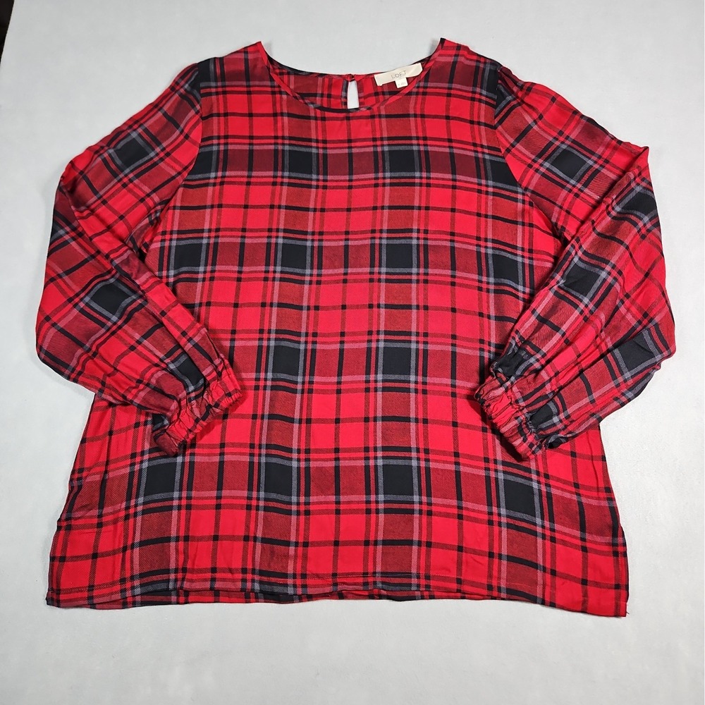 Loft Womens Black Red Plaid Pullover Long Sleeve Blouse Size XL